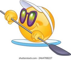 an emoticive smiley face with sunglasses on a plate holding a paddle and pointing at the viewer