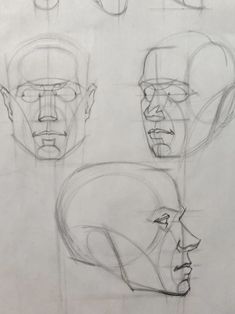 four different faces are shown in the same drawing technique, each with one individual's head