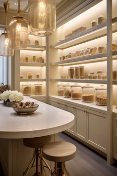 a large white table in a room with lots of shelves filled with cakes and desserts