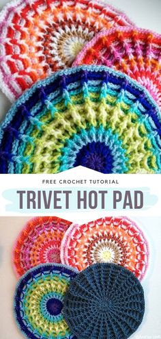 three crocheted coasters with the text, free crochet pattern