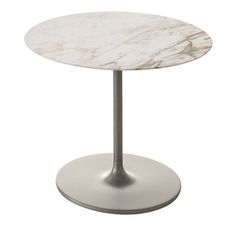 a white marble table with a metal base on an isolated white background for use as a dining room or office space