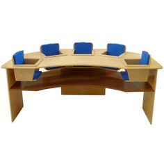 a wooden table with blue chairs on it