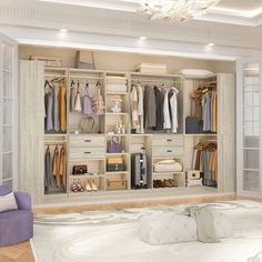 an open closet with clothes, shoes and bags on shelves next to a purple chair