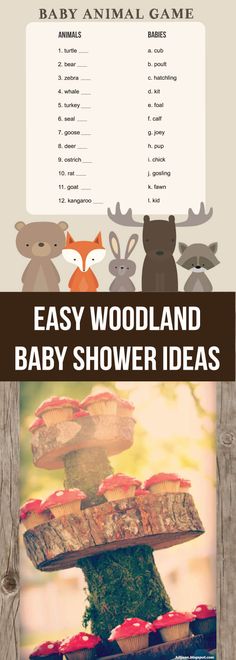 baby shower game with woodland animals on it and the words easy woodland baby shower ideas