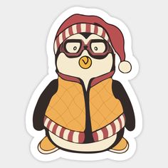 a penguin with glasses and a hat on it's head is wearing a scarf