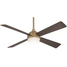 a ceiling fan with two dark blades and a light fixture on it's side