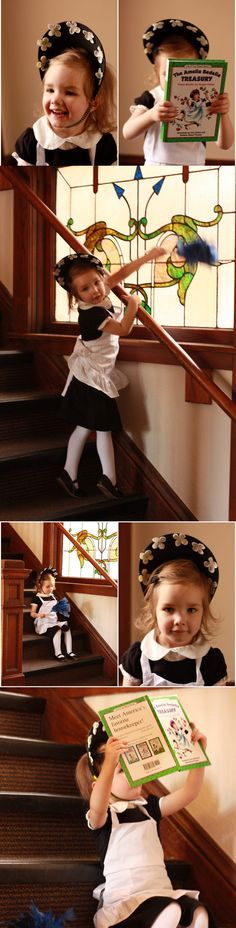 a collage of photos showing children dressed in costumes and hats, reading books on the stairs