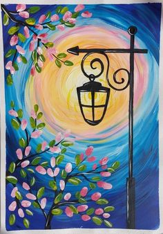 an acrylic painting of a lamp post with flowers on it and a tree in the foreground