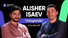 two men standing next to each other in front of a black background with the words alsherr isaev