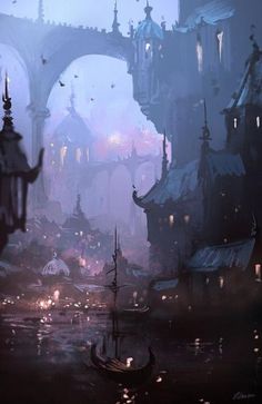 an image of a fantasy city with lots of buildings and boats in the water at night