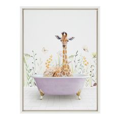 a baby giraffe is sitting in a bathtub with flowers and butterflies on the wall behind it