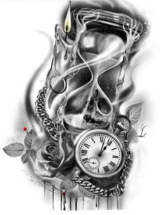 a skull with a clock and roses on it's face is shown in black and white