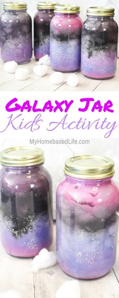 some jars with purple and blue liquid in them