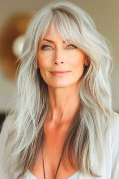 Hair Older Women Over 50, Silver Long Hair, Long Hair Older Women, Layered Thick Hair, Long Shag Hairstyles, Long Shag Haircut, Long Shag, Haircuts For Medium Length Hair, Summer Blonde