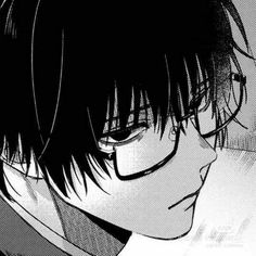 an anime character with glasses looking at something in the distance and his head tilted to the side