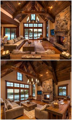 two pictures of a living room with stone fireplaces and wood ceilings, along with large windows that look out onto the lake