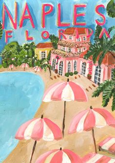 an acrylic painting of pink and white umbrellas on the beach with palm trees