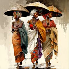 three women walking with umbrellas on their heads