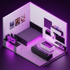 a living room with purple lighting and furniture