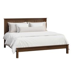 a bed with white linens and pillows on it's headboard, against a white background