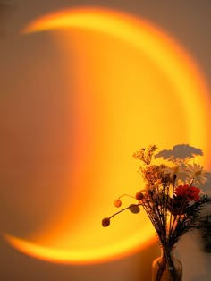 a vase filled with flowers sitting on top of a table next to a half moon