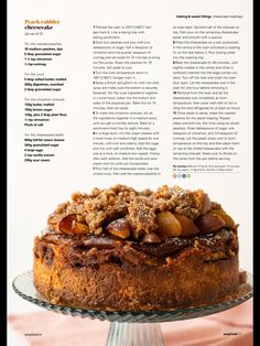 a cake with nuts on top is sitting on a glass platter and has information about it