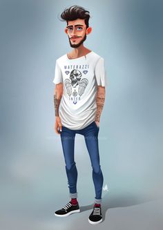 a drawing of a man with tattoos on his arm and leg, standing in front of a blue background