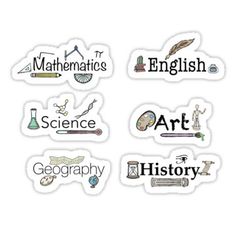 six stickers with different types of science and art related items on them, all in various