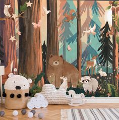 there is a bear and other animals in the forest wallpapered with birds, bears, and trees