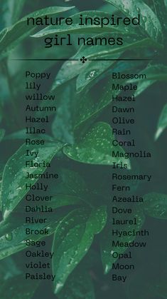 the names of nature inspired girl names on a green leafy plant with water droplets