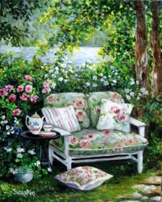 a painting of a couch and table in a garden