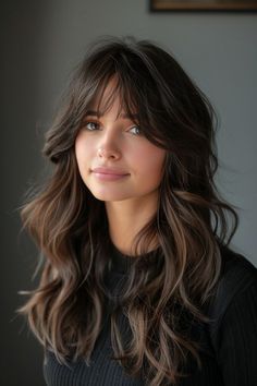 Make a statement with deep-parted curtain bangs that add a bold, dramatic flair to your straight hair. 사진 촬영 포즈, Haircuts For Wavy Hair, Long Wavy Hair, Curtain Bangs