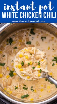 the instant pot white chicken chili is ready to be eaten and put in the slow cooker