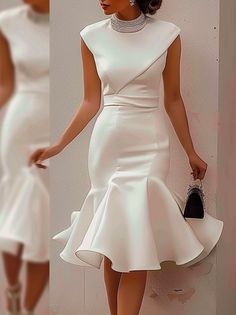 Plain Spring/Fall Elegant Regular Fit Long Sleeve Raglan Sleeves Bodycon Regular No Party Dresses for Women Formal White Dress With Sleeves, Vintage Church Dress, Step Mom Wedding Attire, Graduation Photo Dress, White Dresses For Church, White Party Dress Classy, Cream Dress Outfit Classy, Dresses For Women Over 60, White Tuxedo Dress