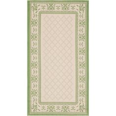 a green and white rug with an ornate border on the bottom, in front of a white background