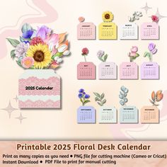 a desktop calendar with flowers on it and the date for each month in pink, blue, yellow and white