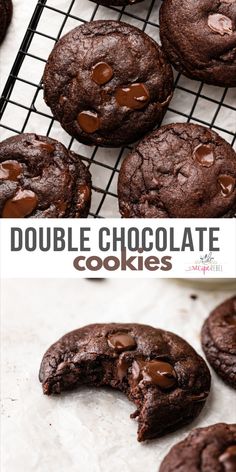 double chocolate cookies are on a cooling rack