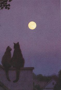 two cats sitting on top of a roof looking at the moon