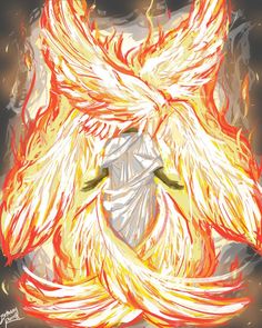 a drawing of an angel surrounded by flames