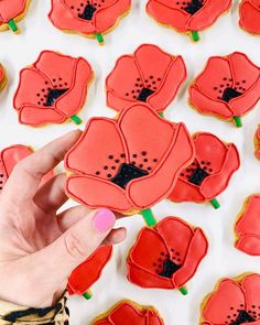 a hand is pointing at some decorated cookies