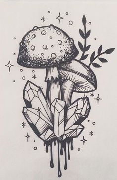 a black and white drawing of a mushroom with crystals on it's back side