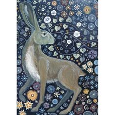 a painting of a rabbit in the middle of flowers and leaves on a black background