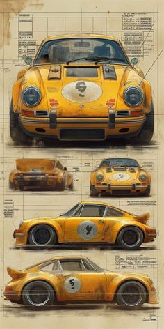 an old yellow race car is shown in three different views, including the front and back