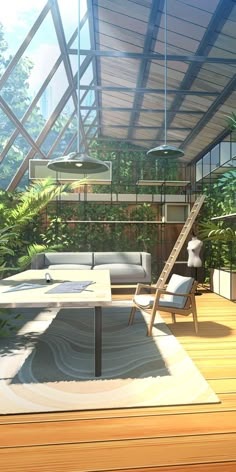 a living room filled with lots of furniture and plants on top of a hard wood floor