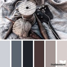 the color scheme is gray, brown, and white with some knitting supplies on it