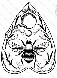 a black and white drawing of a bee on top of a tear shaped piece of paper