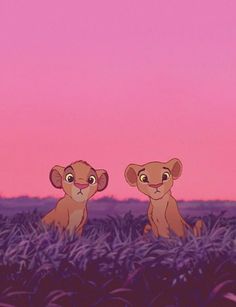 two little lions sitting in the middle of a field with pink and purple sky behind them