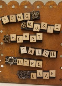 scrabble tiles spelling the words song, music, heart, faith and hope