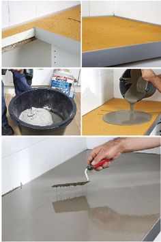 the process of painting a kitchen counter is shown in four different pictures, including one being painted