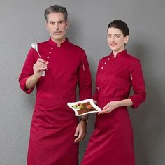 Chef Uniforms Long-sleeved Men and Women Hotel Canteen Work Clothes Cake Baker Kitchen Work Uniforms Chef Jacket and Apron, Men's, Size:Medium, Red Size: M. Chef Outfit Women Style, Baker Uniform, Baker Kitchen, Red Uniform, Chef Uniforms, Bakers Kitchen, Sales Girl, Restaurant Uniforms, Chef Jackets